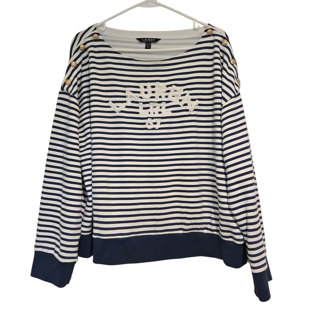 LRL Ralph Lauren Striped French Terry Top XL | Coastal Chic Nautical Boatneck